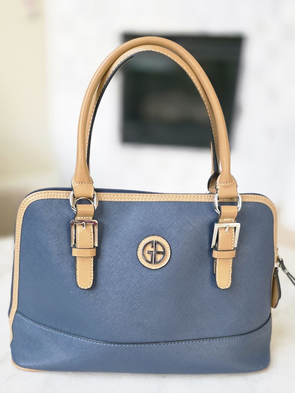 Gianni Bini Navy and Tan Saffiano Dome Satchel - Gianni Bini Handbag